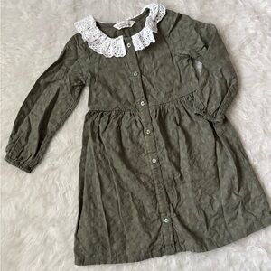 Beebay Olive Green Eyelet Button-Front Dress with White Lace Collar